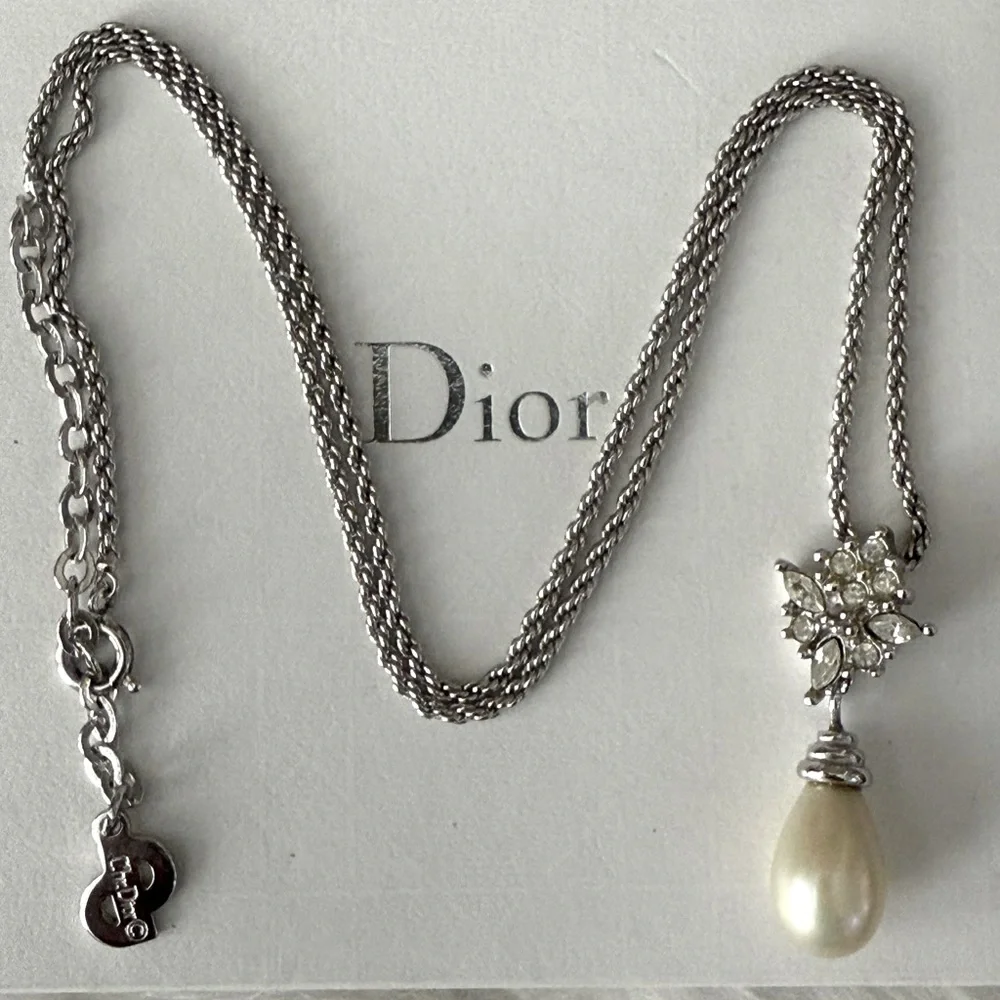 CHRISTIAN DIOR Pearl Rhinestone Silver Tone Necklace - Picture 3 of 7